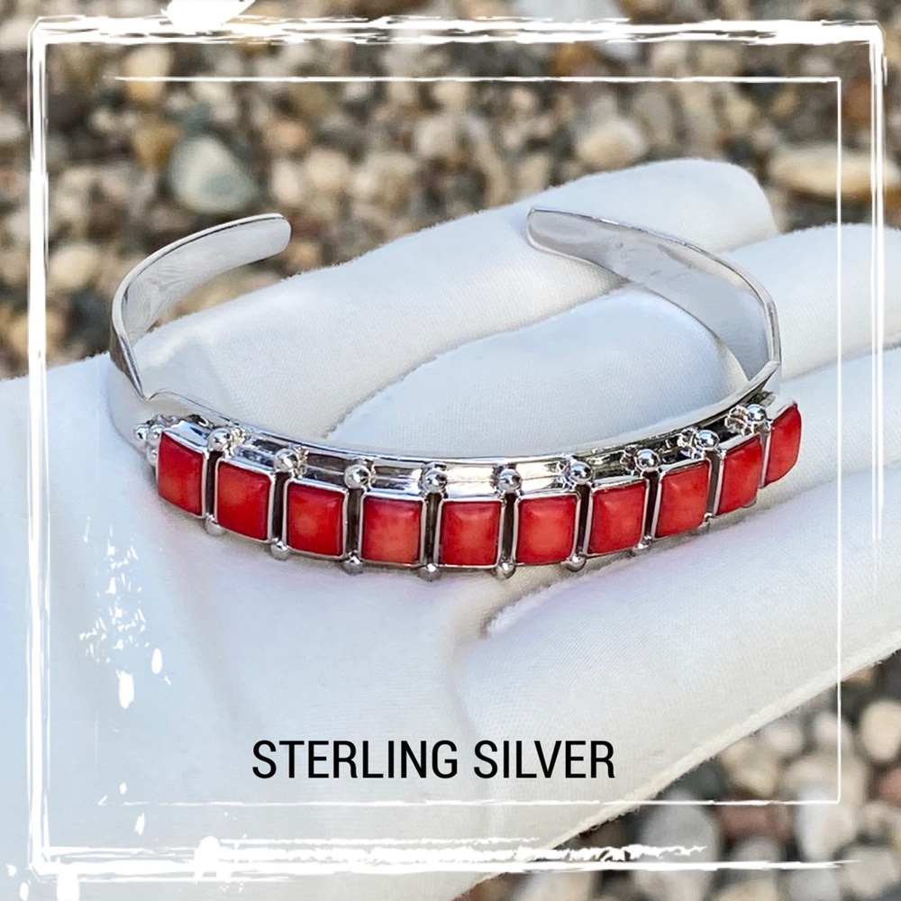Red Coral Row Sterling Silver Cuff Bracelet